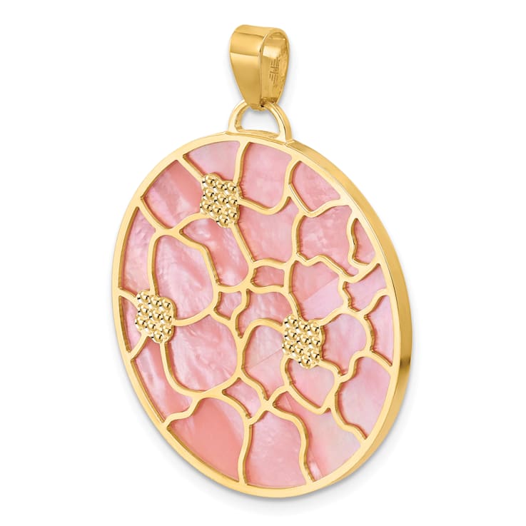 14K Yellow Gold Pink and White MOP Reversible Circle with Flowers Pendant