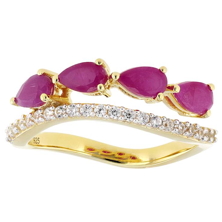 Ruby And White Zircon Ring In 18K Gold Over Sterling Silver 1.23ctw
