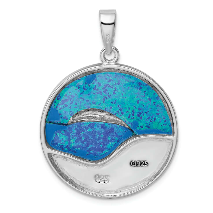 Rhodium Over Sterling Silver Blue Lab Created Opal Dolphins Pendant
