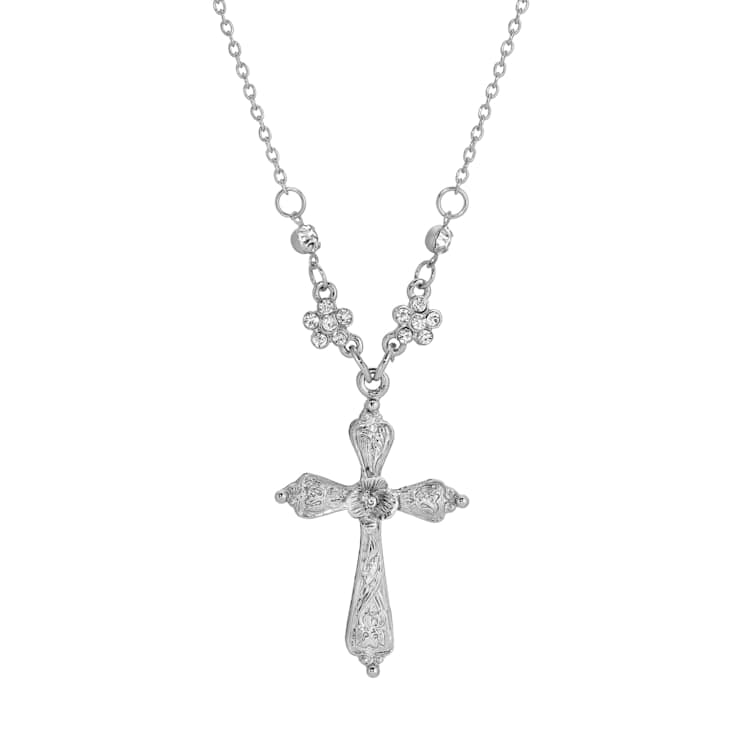White Base Metal Cross Clear Crystal Necklace 16" Adj.