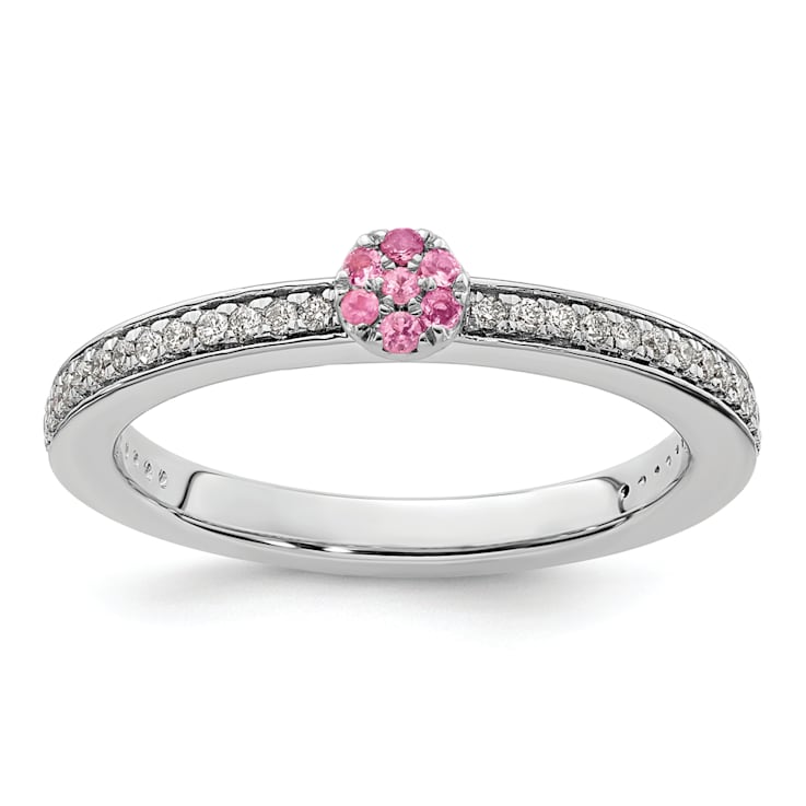 14K White Gold Stackable Expressions Pink Tourmaline and Diamond Ring 0.075ctw