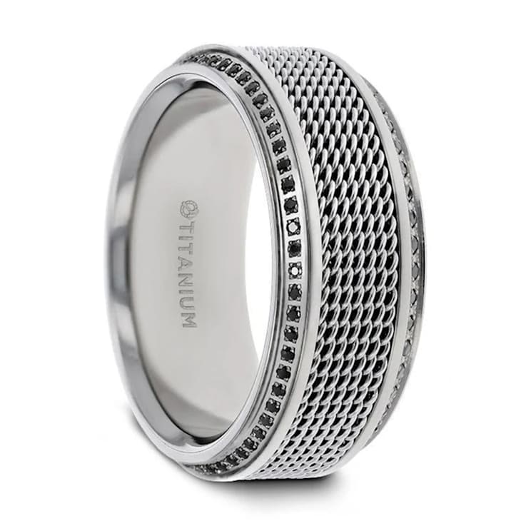 GAUNTLET Steel Chain Titanium Wedding Ring Polished Beveled Edges Set
with Round Black Diamonds 10mm