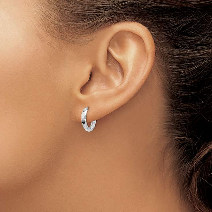Rhodium Over 14k White Gold 9/16" Diamond-Cut Hoop Earrings