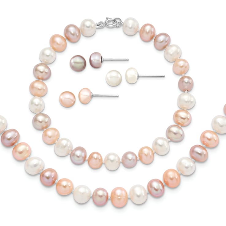 Rhodium Over Sterling Silver Multi-color Freshwater Pearl
Necklace/Bracelet/Earring Set