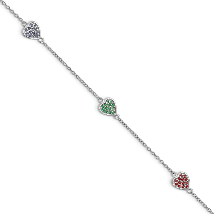 Rhodium Over Sterling Silver Red, Green and Blue Glass Heart with 1-inch
Extension Bracelet