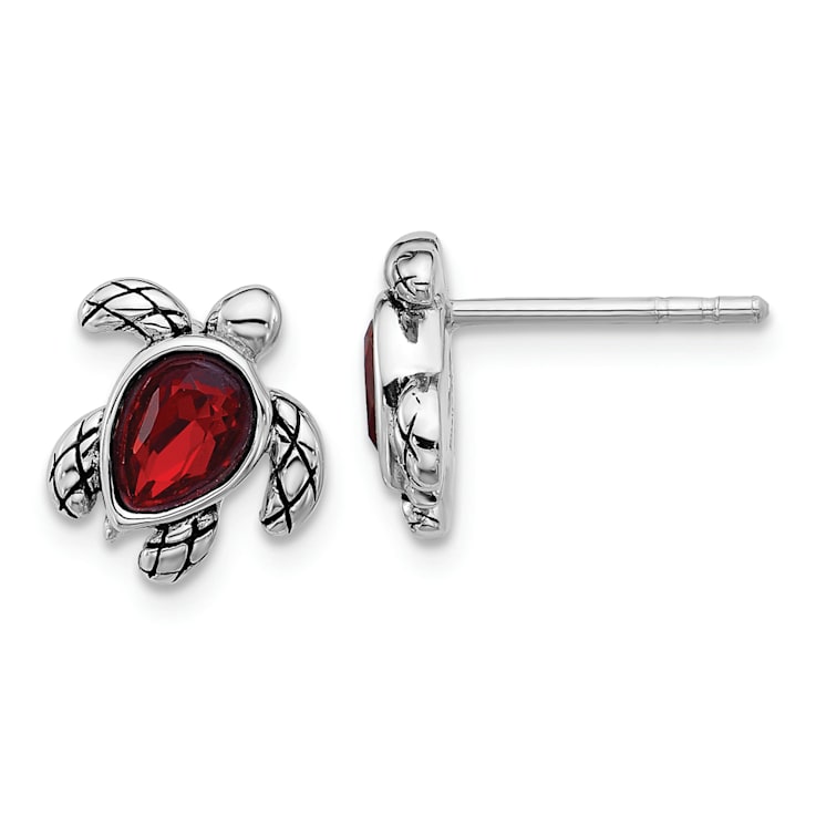 Rhodium Over Sterling Silver Antiqued Crystal Birthstone Turtle Earrings