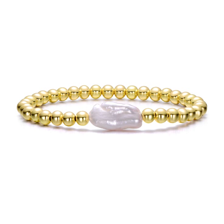 Baroque Pearl And Ball Bead Link Stretchable Bracelet In 14K Gold Over Brass