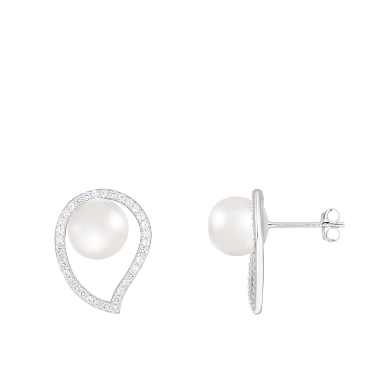 8-8½mm White Cultured Freshwater Pearl and Cubic Zirconia Rhodium Over
Sterling Silver Earrings