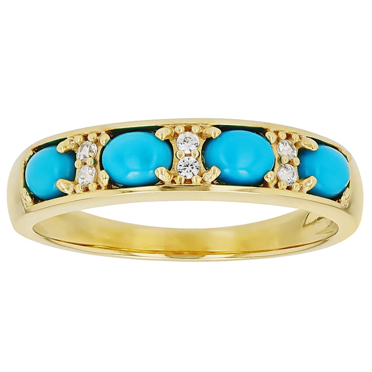 Turquoise And White Zircon Band Ring In 18K Gold Over Sterling Silver 0.05ctw