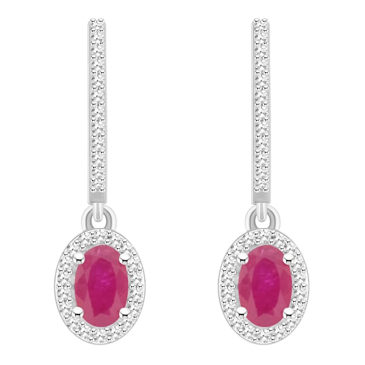 6x4mm Oval Ruby 1/3 ctw Diamond Rhodium Over Sterling Silver Halo Dangle Earrings