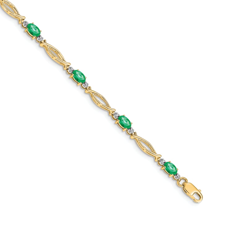 14k Yellow Gold and Rhodium Over 14k Yellow Gold Diamond and Emerald Bracelet