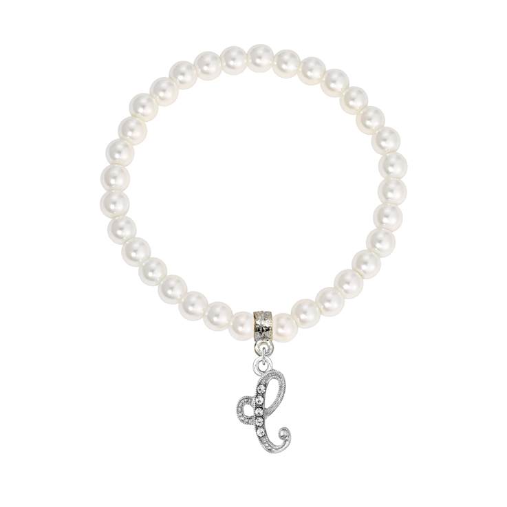 White Faux Pearl Bead Initial Charm Stretch Bracelet