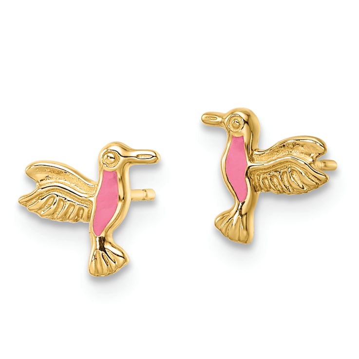 14K Yellow Gold Pink Enameled Hummingbird Stud Earrings