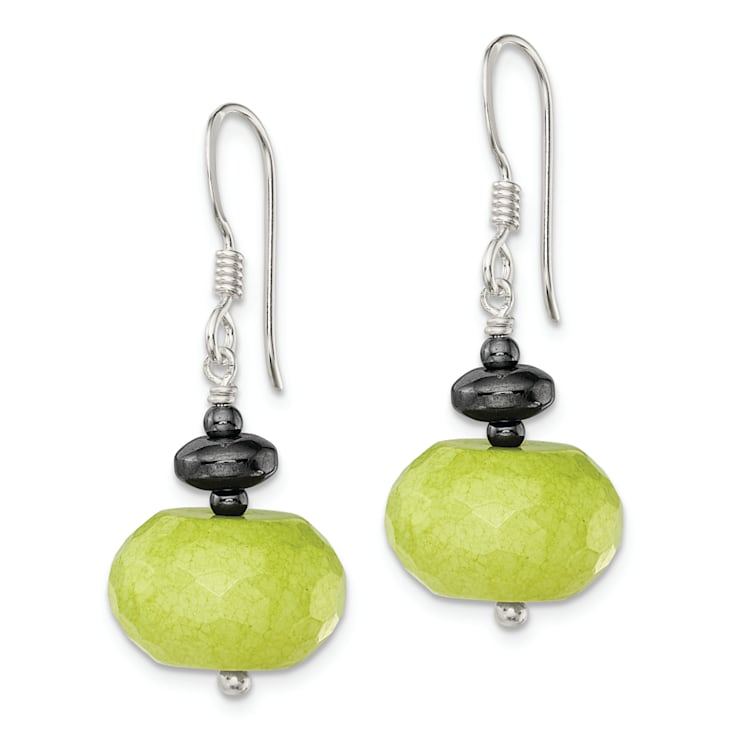 Sterling Silver Polished Green Jadeite and Hematine Dangle Earrings