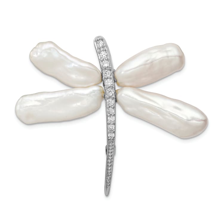 Rhodium Over Sterling Silver White Baroque Freshwater Pearl Cubic
Zirconia Dragonfly Slide Pin