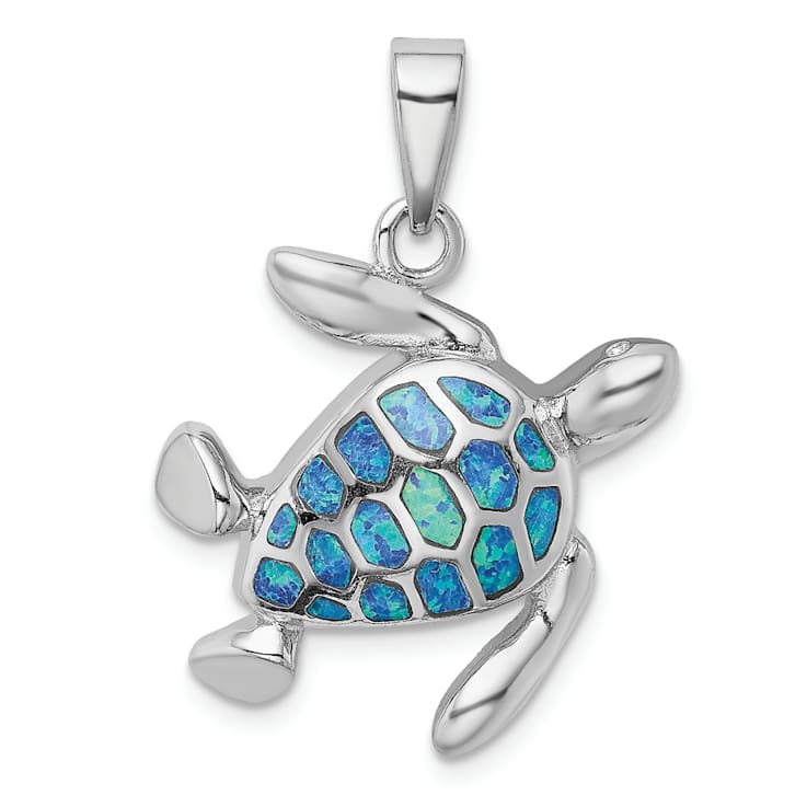 Sterling Silver Blue Inlay Created Opal Turtle Pendant