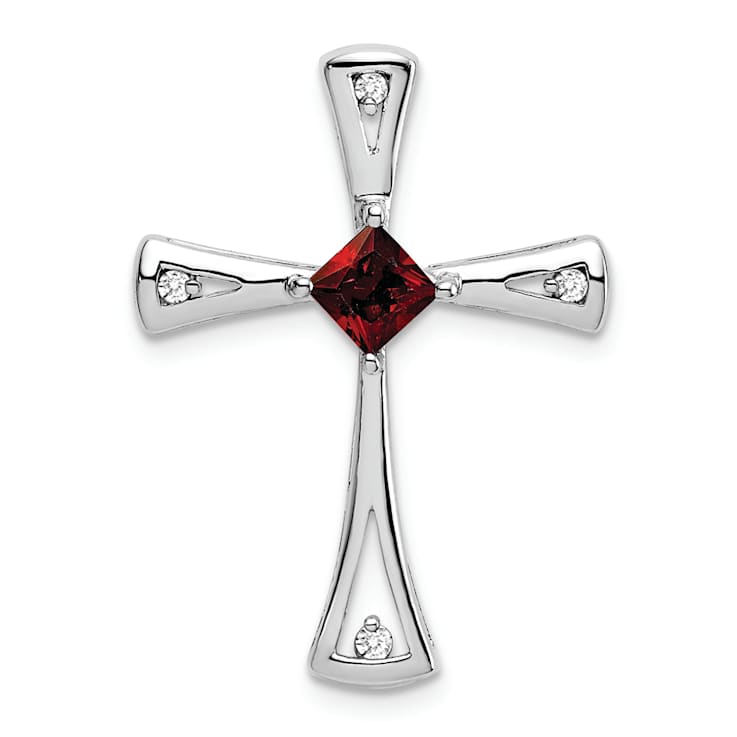 Rhodium Over 10k White Gold 0.29 cttw Garnet and Accent Diamond Cross Pendant