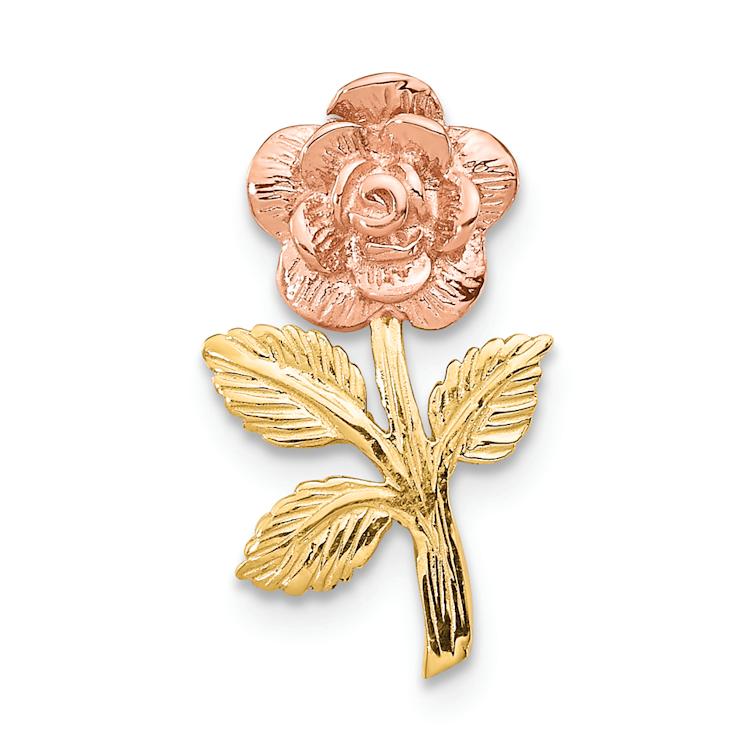 14k Two-tone Gold  Textured Mini Pink Rose Flower Chain Slide Pendant