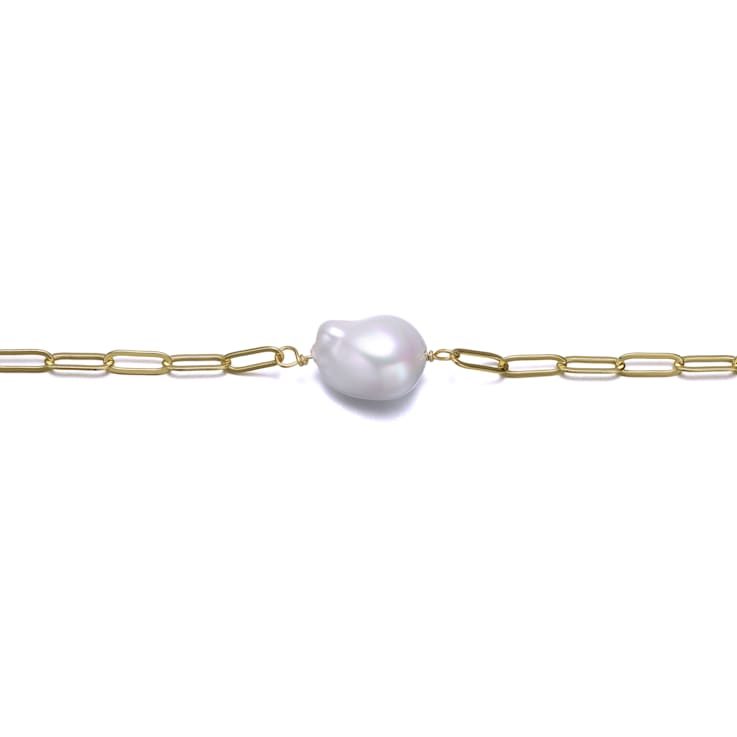 Pear Shape Freshwater Pearl Paperclip Link Bracelet In 14K White Gold
Over Sterling Silver