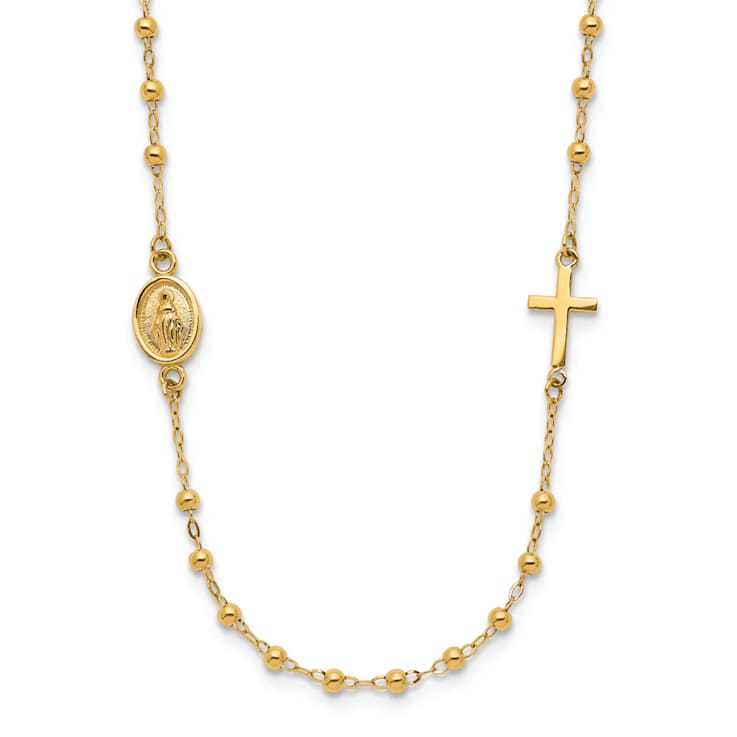 14K Yellow Gold Polished Miraculous Medal and Cross Rosary Design Necklace