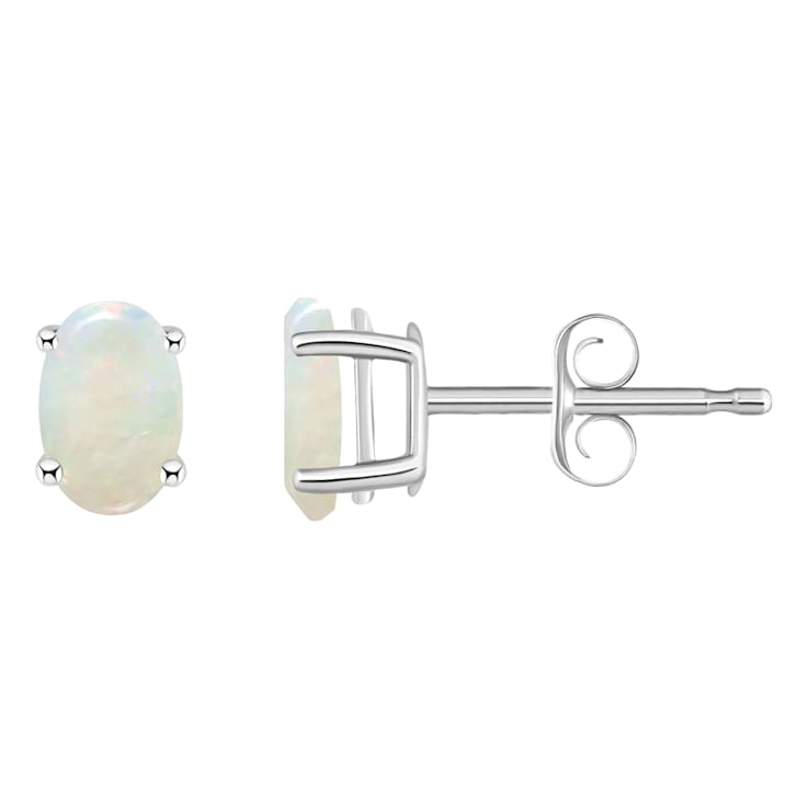 6x4mm Oval Opal 14k White Gold Stud Earrings