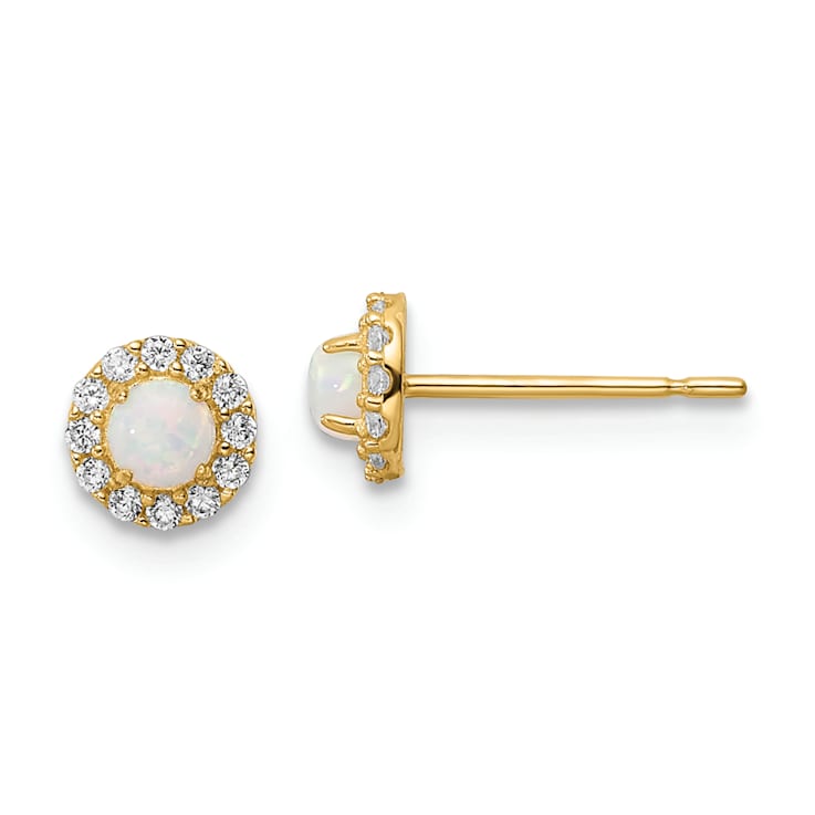 14K Yellow Gold Cubic Zirconia and Lab Created Opal Post Earrings