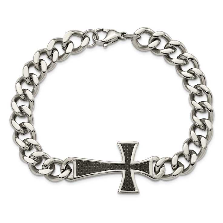 Stainless Steel Polished Black Carbon Fiber Inlay Cross Bracelet