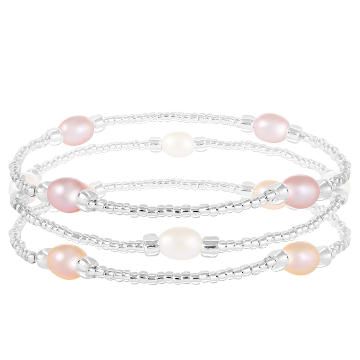 3 Elastic Freshwater Pearl Bracelets In Multicolor