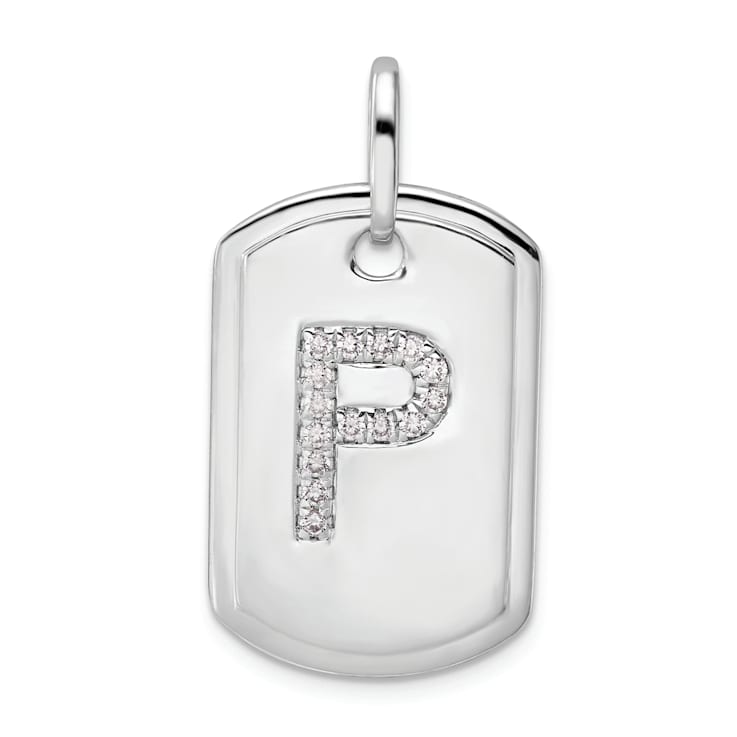 Rhodium Over 14k White Gold Diamond Initial P Dog Tag Charm