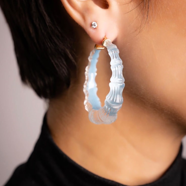 14K Yellow Gold Over Sterling Silver Acrylic and Hand Painted Enamel
Bamboo Illusion Hoops- Ice Blue