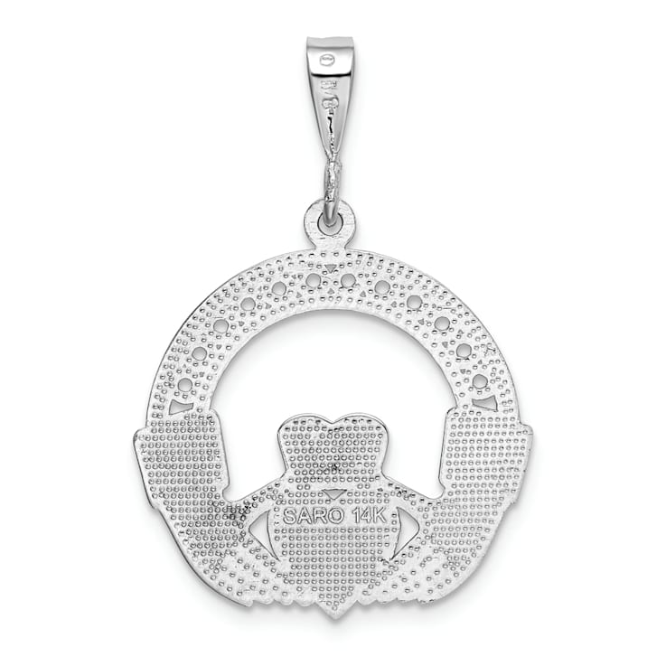 Rhodium Over 14k White Gold Textured Claddagh Pendant