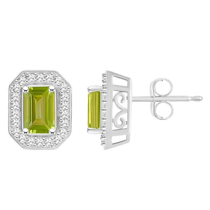6x4mm Emerald Cut Peridot 1/5 ctw Diamond Rhodium Over Sterling Silver
Halo Stud Earrings