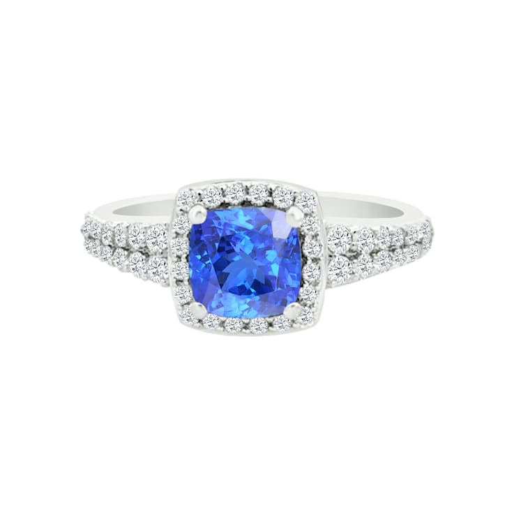 14K White Gold Square Cushion Tanzanite and Diamond Ring, 1.50ctw