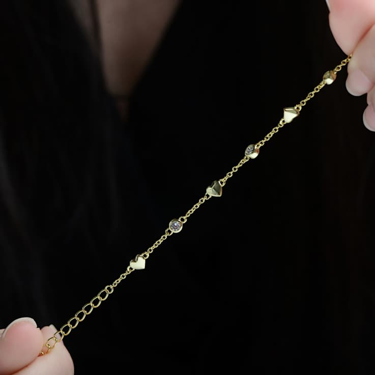 Heart Charm Station Bracelet With CZ In 14K Gold Over Brass