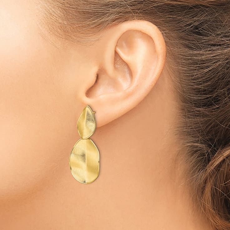 14K Yellow Gold Polished Textured Post Dangle Earrings