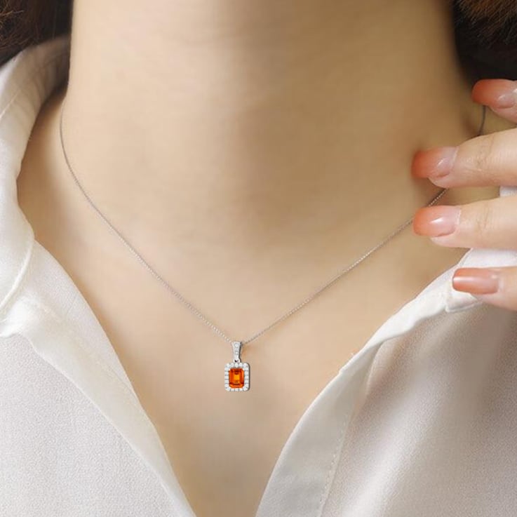 Peach Orange Lab Created Padparadscha Sapphire and Moissanite Sterling
Silver Necklace with chain