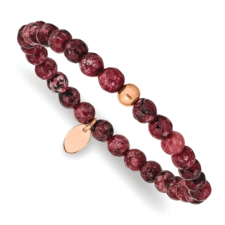 Rose Stainless Steel Polished Red Jade Stretch Bracelet