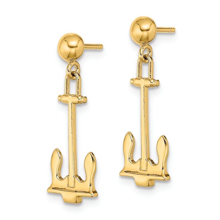 14k Yellow Gold Polished Navy Anchor Dangle Earrings