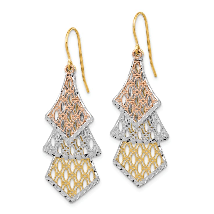 14k Tri-color Gold Diamond-Cut and Polished Filigree Dangle Earrings