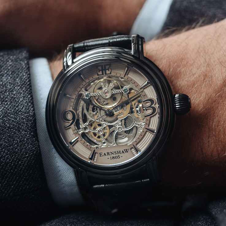 Thomas Earnshaw Longcase Automatic Gray Dial Black Stainless Steel Band
Skeleton Watch