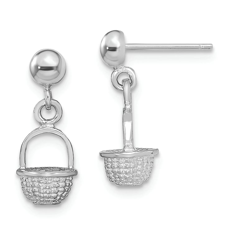 Rhodium Over 14k White Gold 3D Textured Mini Basket Drop Earrings