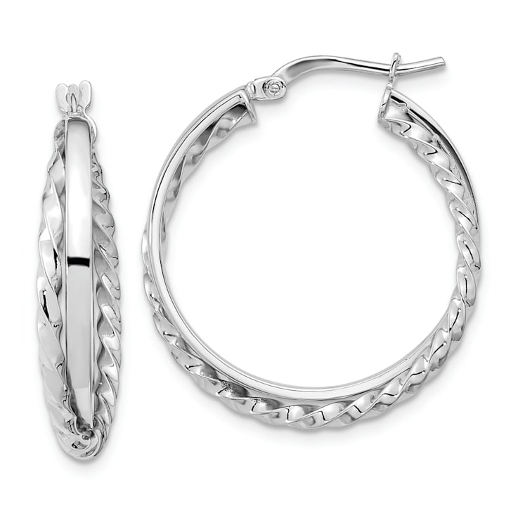 Rhodium Over 14k White Gold 1" Polished and Textured Hinged Hoop Earrings