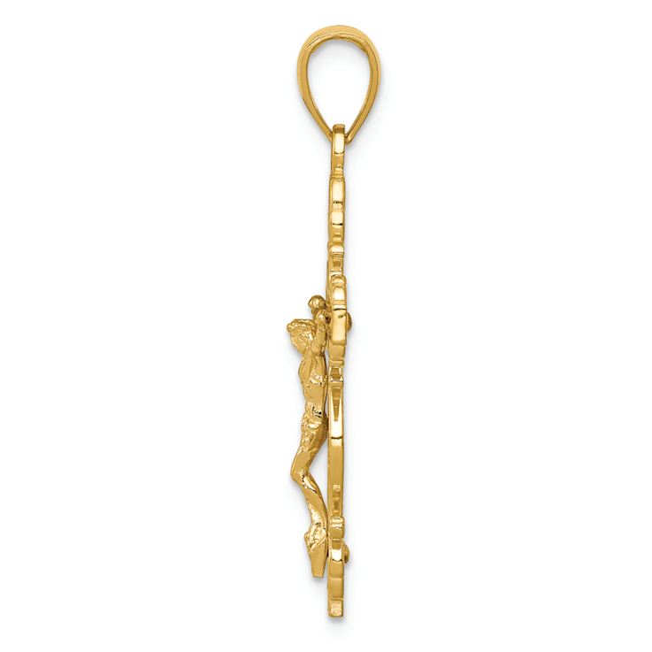 14k Yellow Gold Polished and Textured Crucifix with Lace Trim Pendant