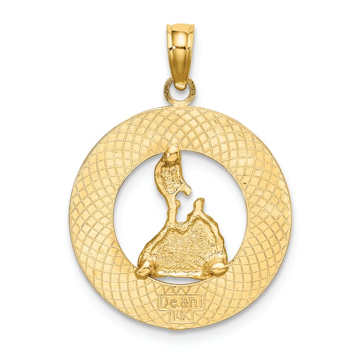 14k Yellow Gold Textured BLOCK ISLAND, RI Circle with Map Charm