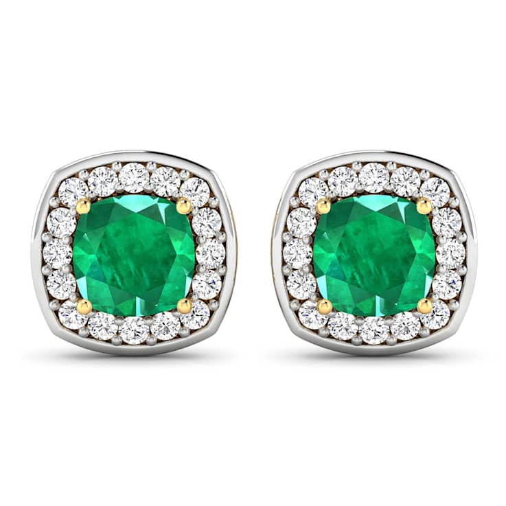 1.92ctw 14K Yellow Gold  Zambian Green Emerald and White Diamond Halo Earrings