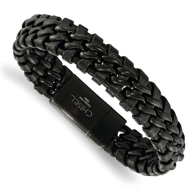 Black Leather and Stainless Steel Brushed Black IP-plated 8.5-inch Bracelet