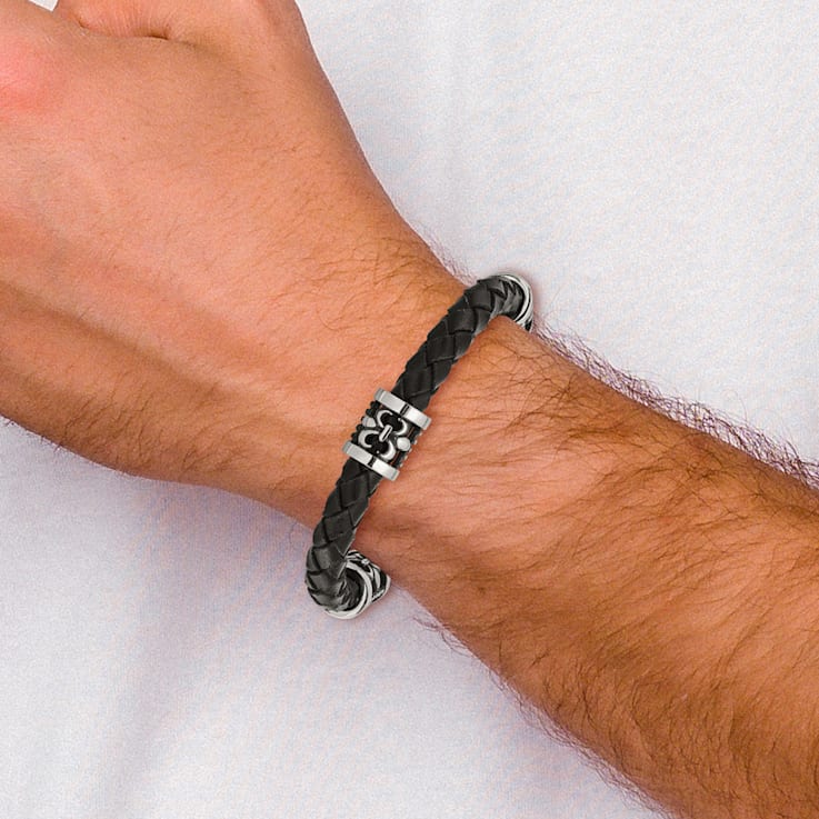 Stainless Steel Antiqued and Polished Fleur De Lis/Dragon Leather Bracelet