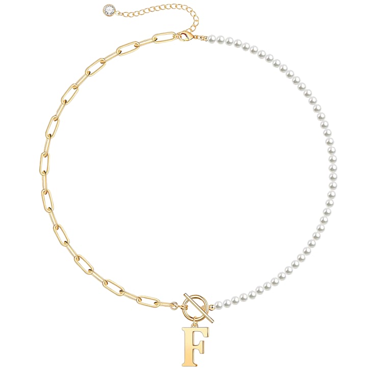 14K Gold Over Brass Initial Pearl Simulant Link Chain Necklace Letter F