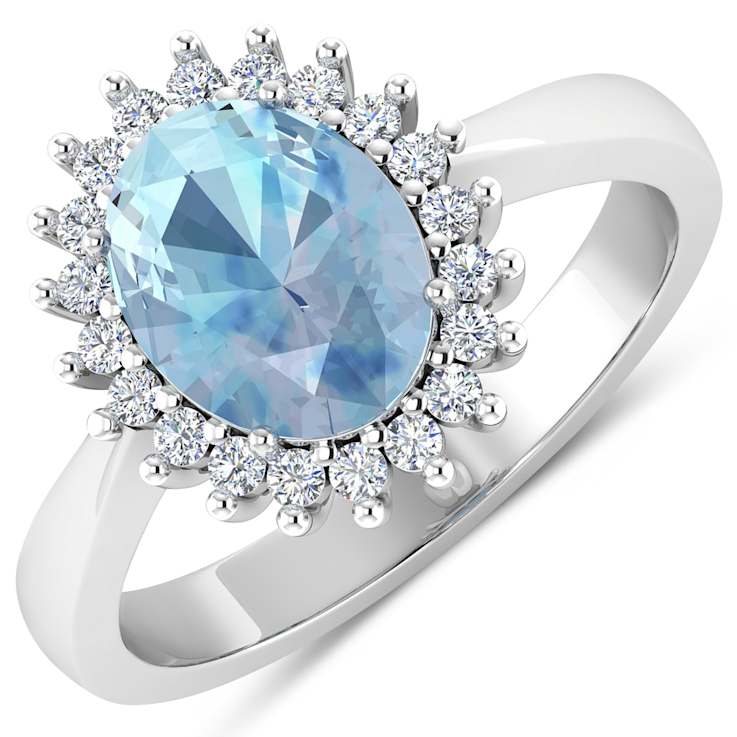 1.15ctw Blue Aquamarine and Diamond 14K White Gold Halo Ring