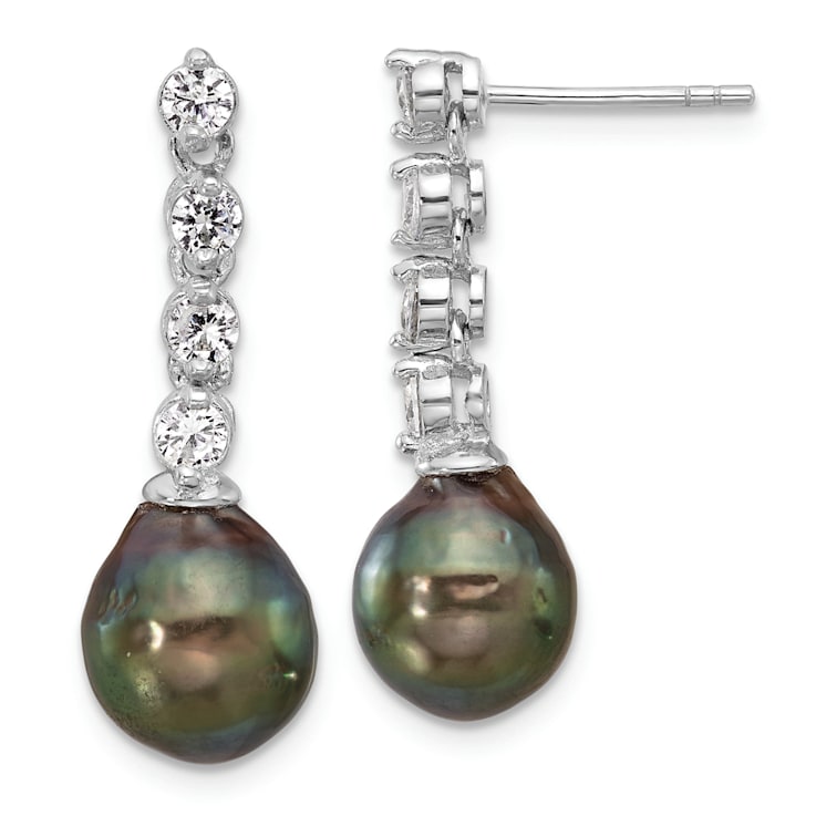 Rhodium Over Sterling Silver 9-10mm Tahitian Pearl and Cubic Zirconia
Post Dangle Earrings